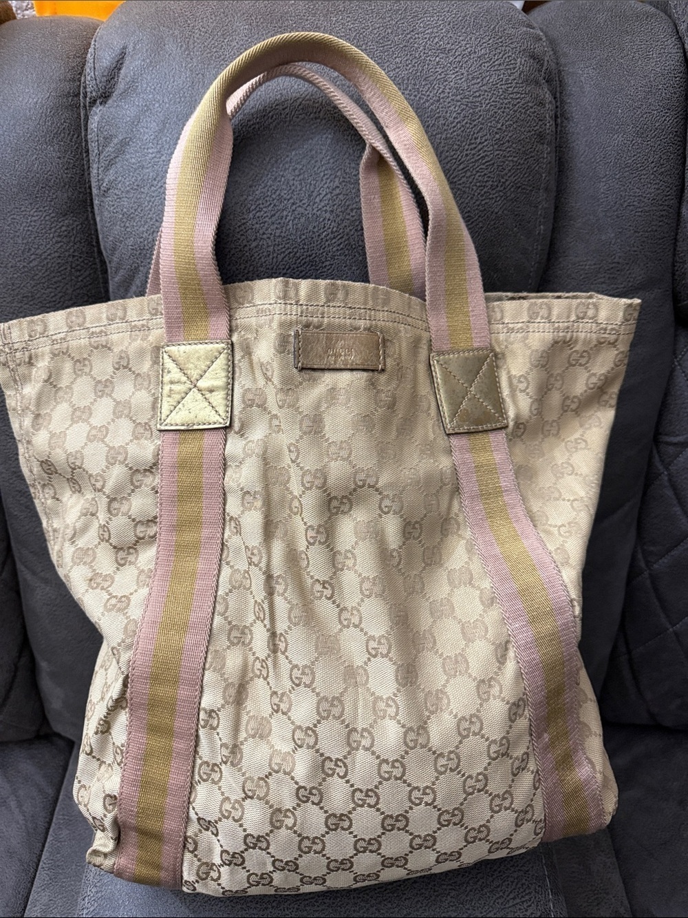 GG Monogram Beige Canvas Tote with Pink & Olive Straps